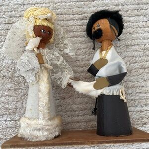Vintage Orthodox Jewish Wooden Dolls Wedding Couple on Wooden Stand - 7”